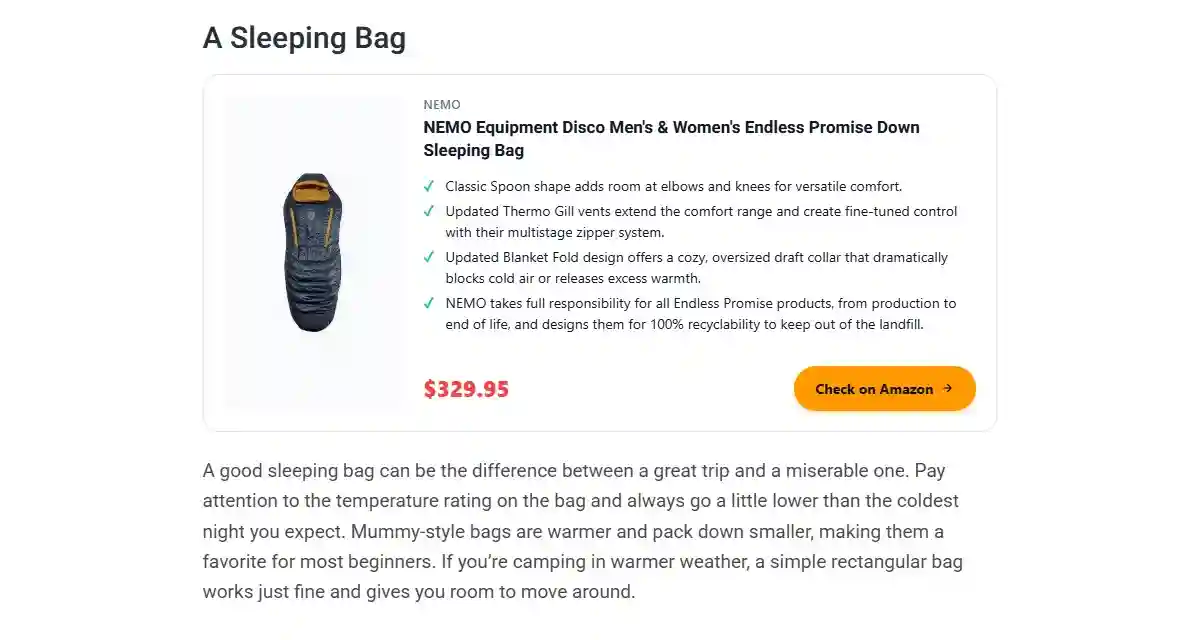 Product block on informational article